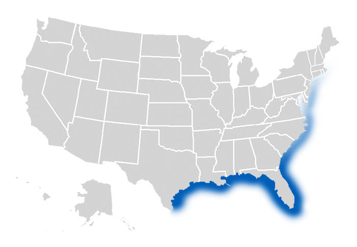 Map of Florida pompano habitat along the Gulf and Atlantic coasts, highlighting surf zones and sandy beaches.
